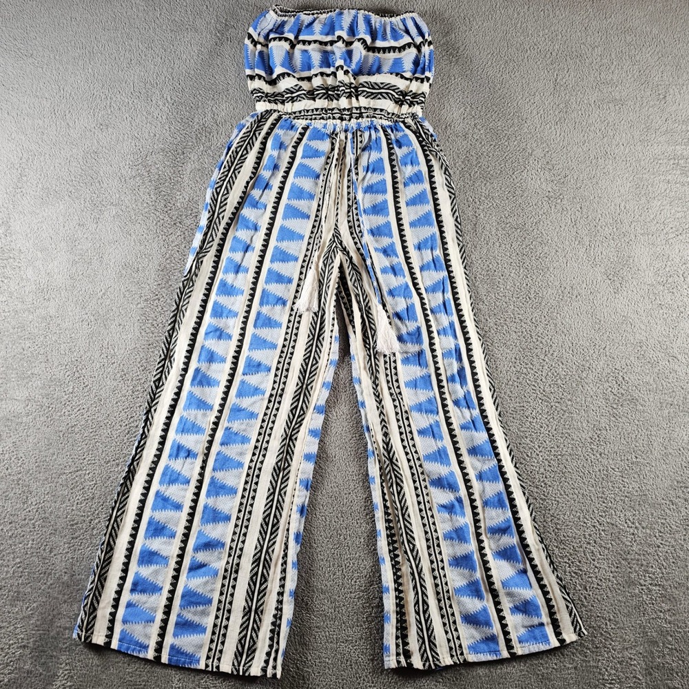 Elan Blue Tribal Geometric Strapless Wide Leg Jumpsuit Boho Festival‎ XS/S